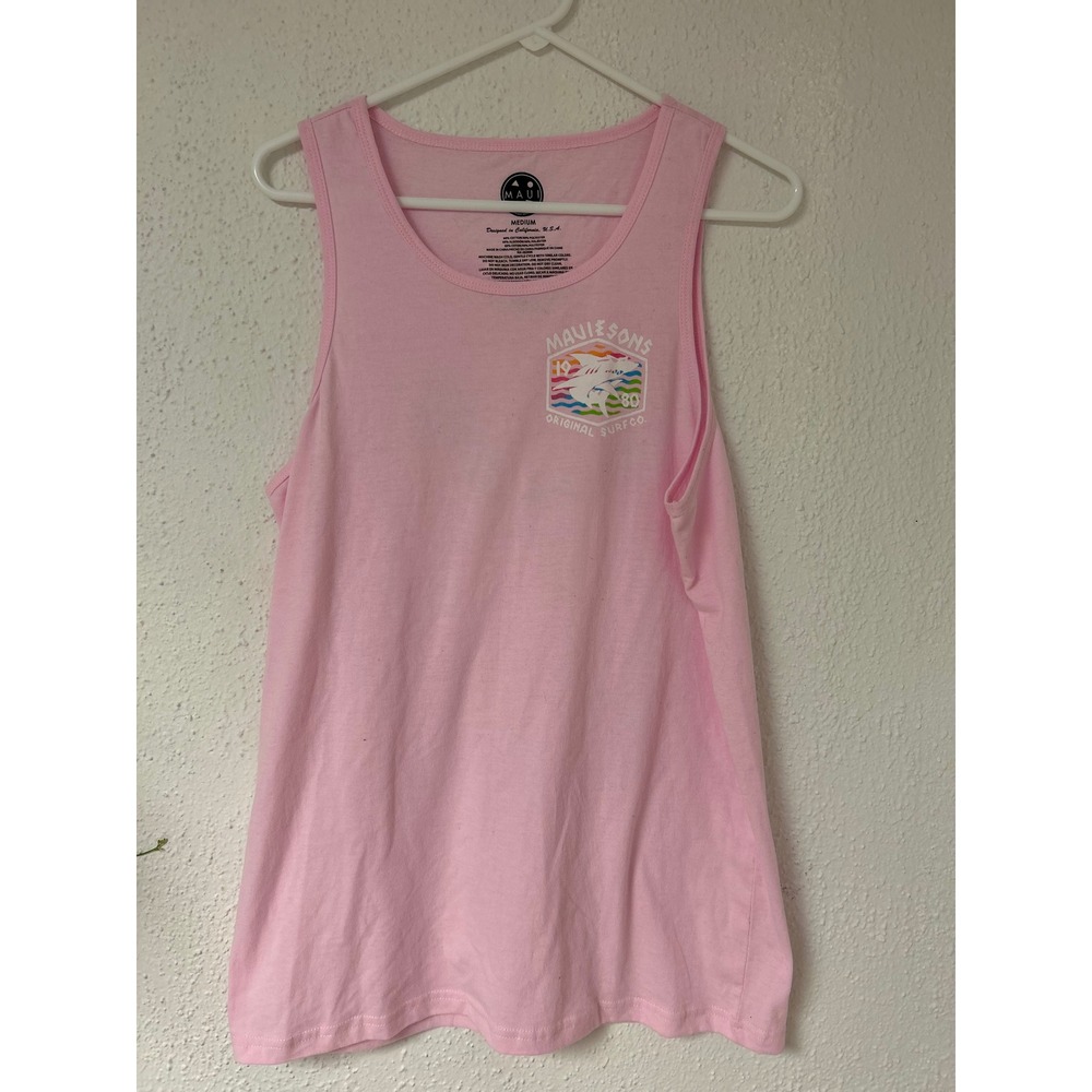 Maui and Sons Pink Shark Graphic Tank Top Mens Medium Rainbow Surf Shirt